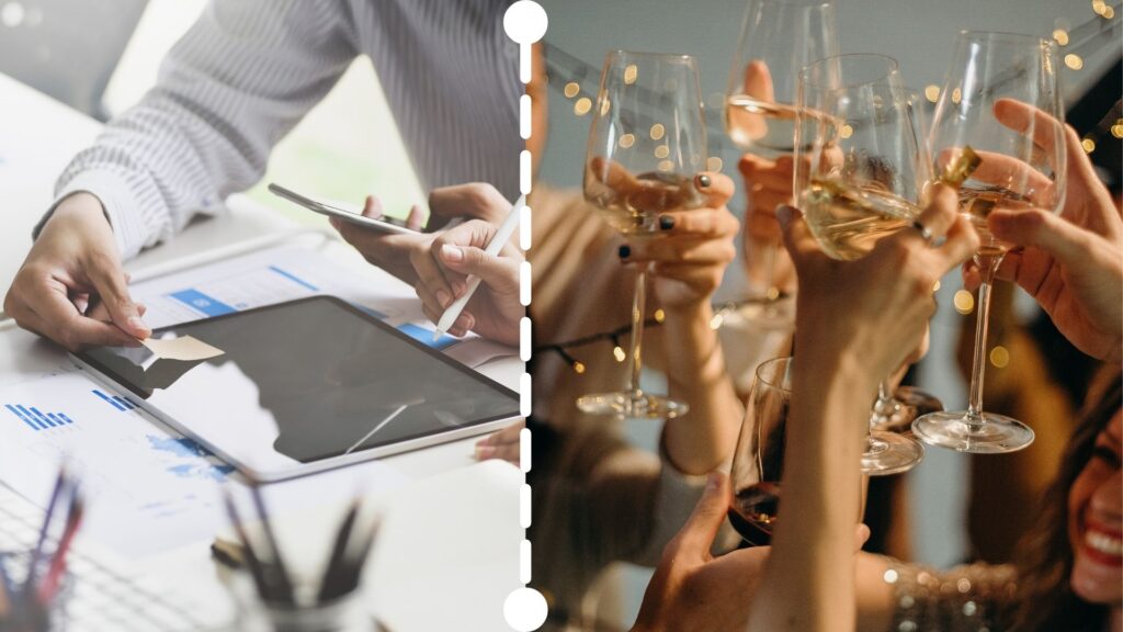 Image of Tablet and Business Social media next to an image of champagne glasses being toasted at a personal event -  Field 1 Post Digital Marketing